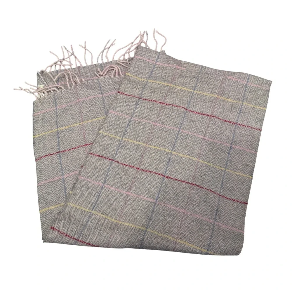 Irelandseye Scarf Unisex OS Beige Wool Cashmere Plaid Herringbone Fringe